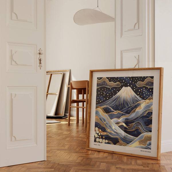 serene blue and gold wall art print for minimalist decor