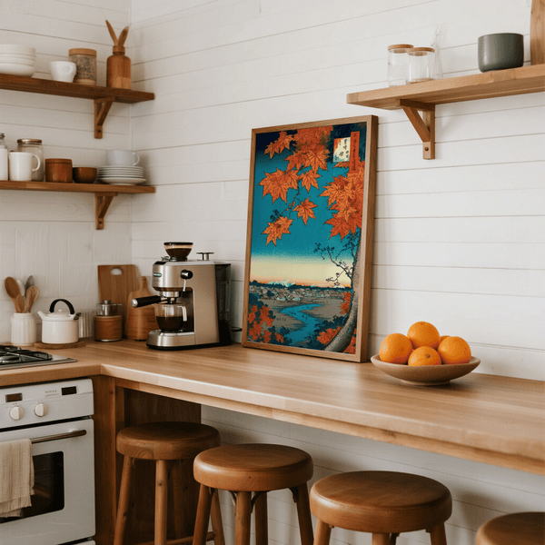 Japanese Landscape Art Print in brown and blue for classic dining room wall art