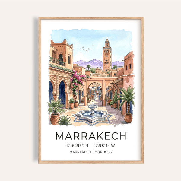Watercolor Marrakech city scene wall art poster with fountain and arched buildings