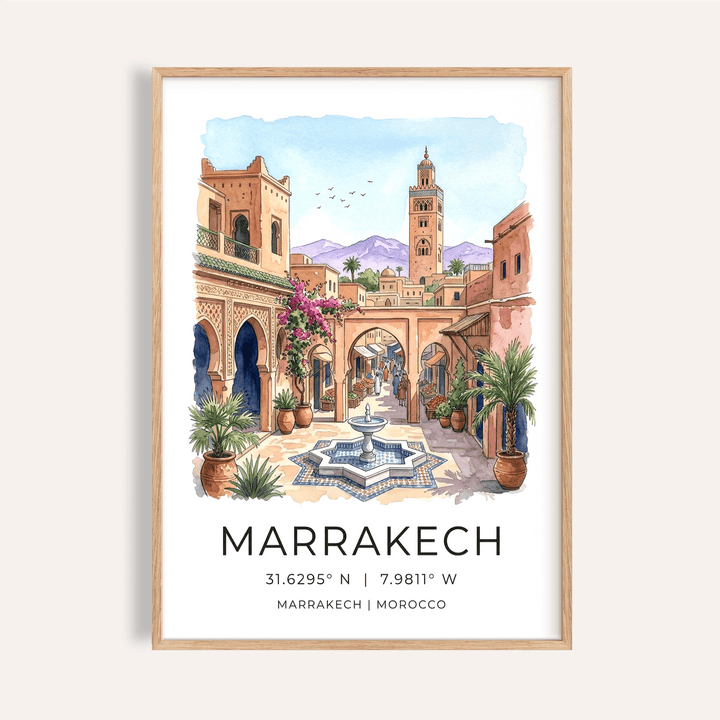 Watercolor Marrakech city scene wall art poster with fountain and arched buildings