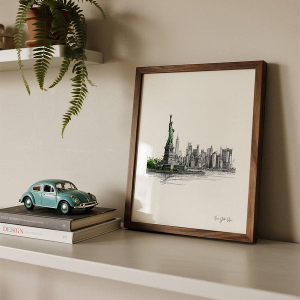 Modern black and white New York City travel poster with green Statue of Liberty