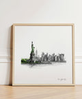 New York City travel poster square format with Statue of Liberty and skyline sketch