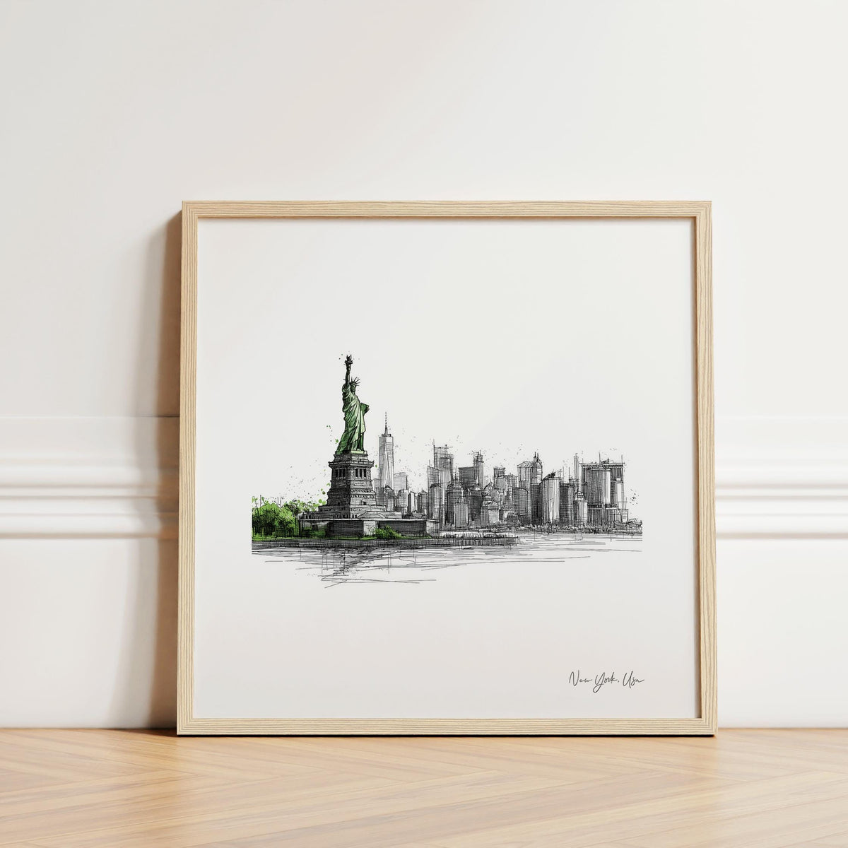 New York City travel poster square format with Statue of Liberty and skyline sketch