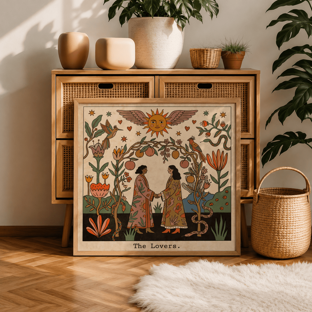 Graphic poster print of The Lovers card featuring botanical shapes and a coiling snake motif