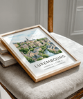 Landscape-style wall art print of Luxembourg with rooftops and rocky cliffs