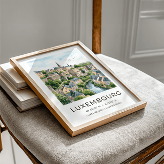 Landscape-style wall art print of Luxembourg with rooftops and rocky cliffs