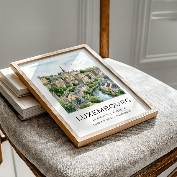 Landscape-style wall art print of Luxembourg with rooftops and rocky cliffs