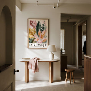 Modern flower wall art featuring abstract pink leaves and green foliage