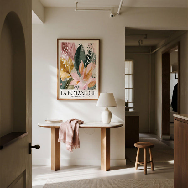 Modern flower wall art featuring abstract pink leaves and green foliage