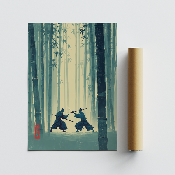 Layered bamboo trunks creating depth around low-stance warriors