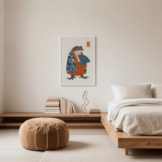 Frog in Kimono Print wall art, vibrant blue and orange for dining room