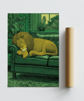 Illustrated animal wall art print of a lion asleep indoors beside a large leafy plant