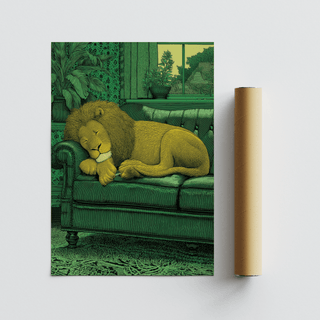 Illustrated animal wall art print of a lion asleep indoors beside a large leafy plant