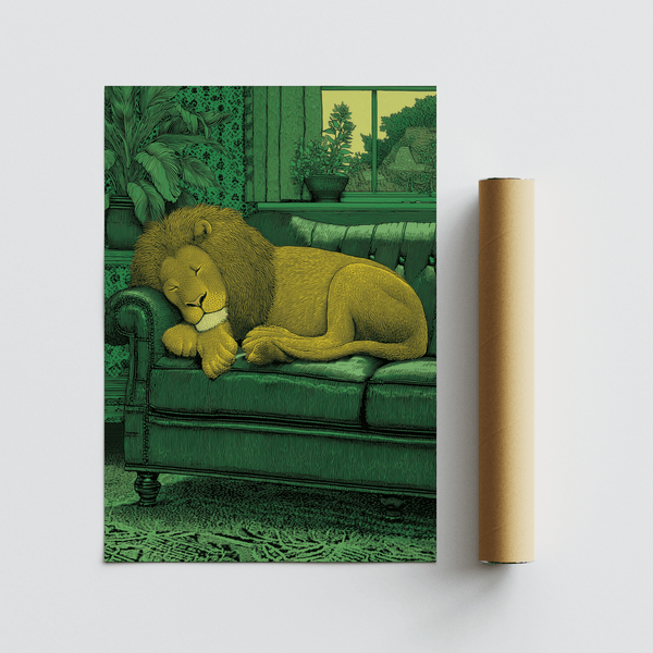 Illustrated animal wall art print of a lion asleep indoors beside a large leafy plant