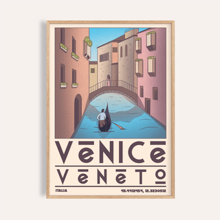 Above canal scene wall art poster with gondola and arched bridge, Venice Travel Poster