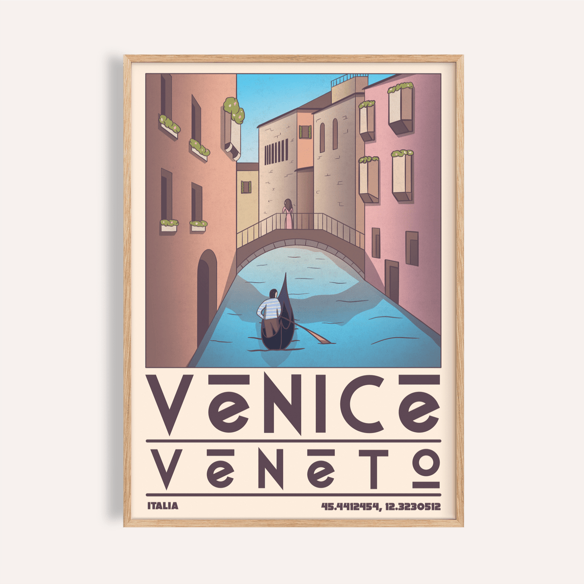 Above canal scene wall art poster with gondola and arched bridge, Venice Travel Poster