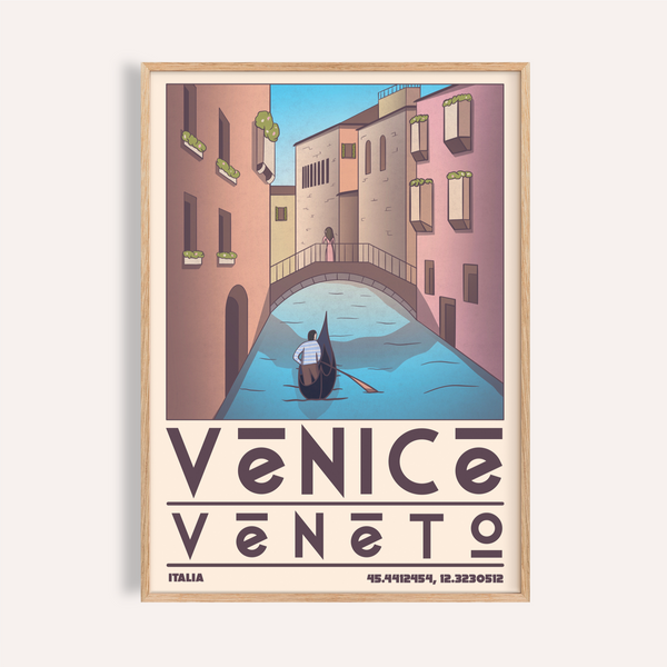 Above canal scene wall art poster with gondola and arched bridge, Venice Travel Poster