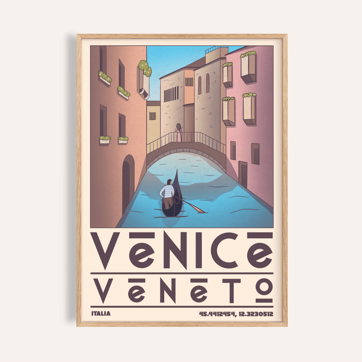 Above canal scene wall art poster with gondola and arched bridge, Venice Travel Poster