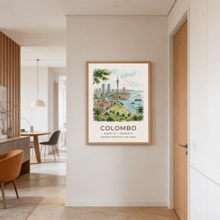 Landscape-style city poster of Colombo with waterfront park, palm-lined walkway, and boats
