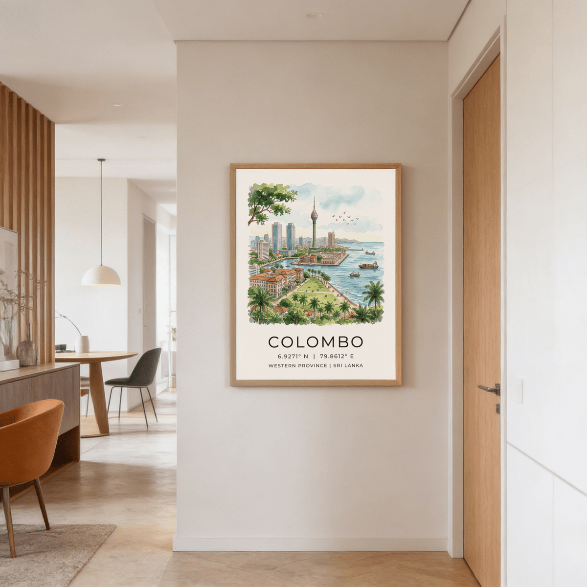 Landscape-style city poster of Colombo with waterfront park, palm-lined walkway, and boats