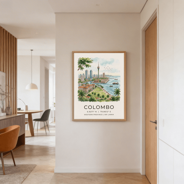 Landscape-style city poster of Colombo with waterfront park, palm-lined walkway, and boats