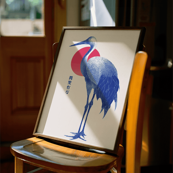 Blue Crane Art Print featuring Blue details, office decor poster