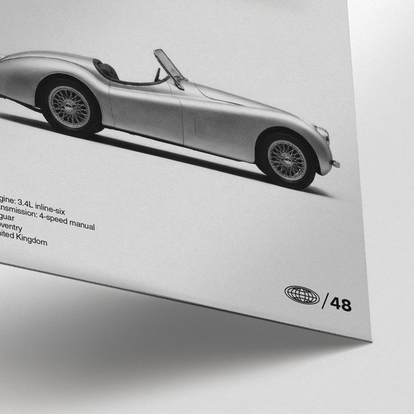 Jaguar XK120 Art Print for garage, rendered in Gray, Black and White, wall art