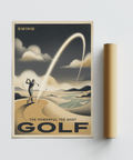 Stylized golfer swing wall art print with curved flight path and bold “GOLF” lettering