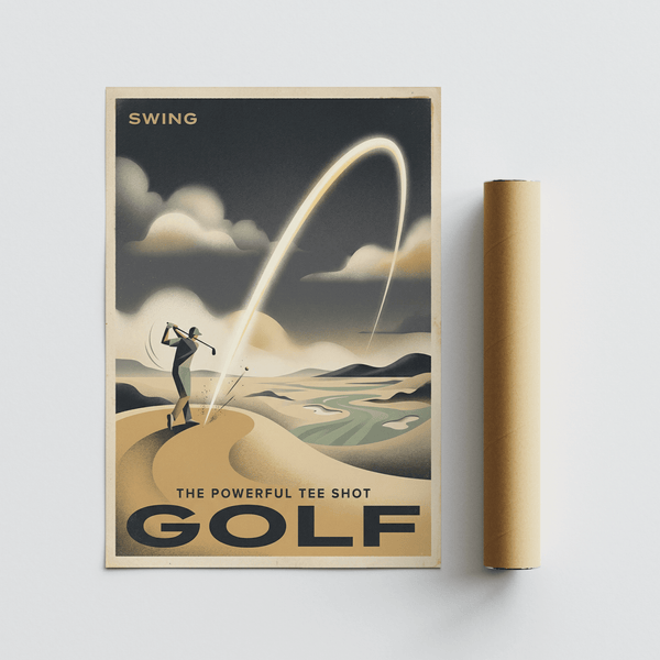 Stylized golfer swing wall art print with curved flight path and bold “GOLF” lettering
