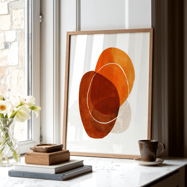 Organic shape wall art print with stacked ovals and central ring motif