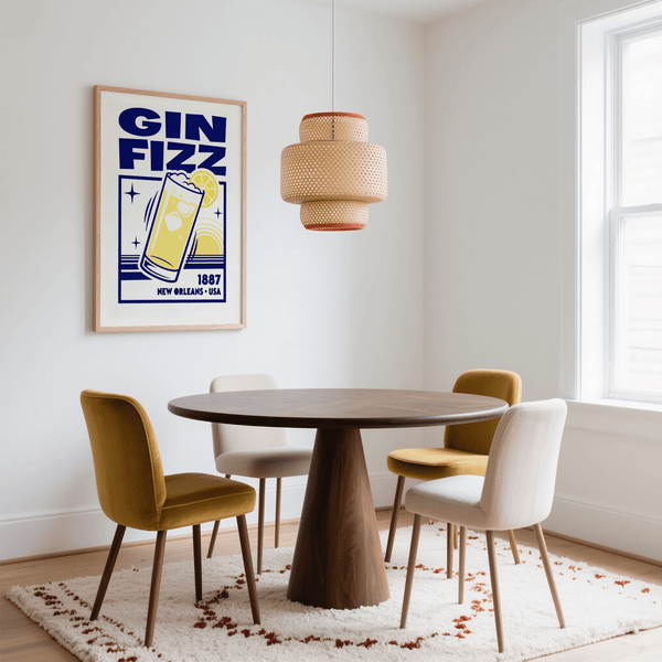 Vintage Gin Fizz Print Blue/Yellow for stylish cocktail decor in home bar
