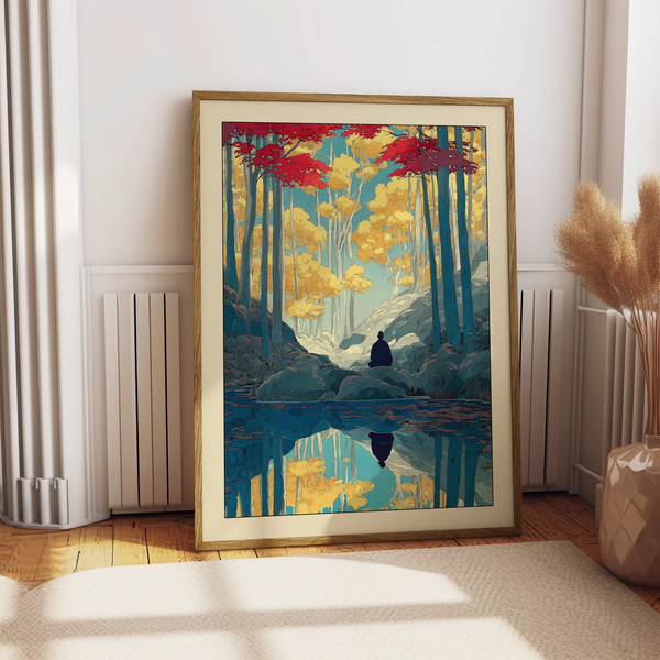 Illustrated forest wall art showing tall trunks, rocky bank, and mirror-like water