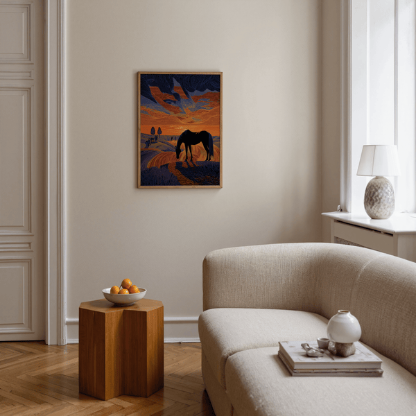 Horse Sunset Art Print with line-drawn fields and dusk color bands