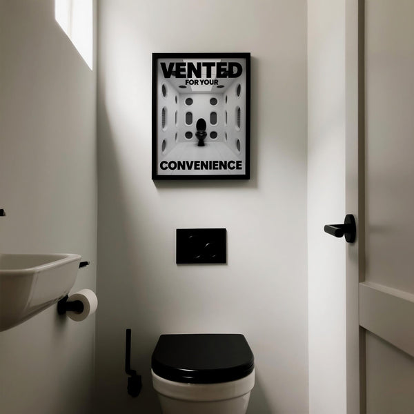 Monochrome vent room art featuring a central toilet as a Funny Toilet Sign.