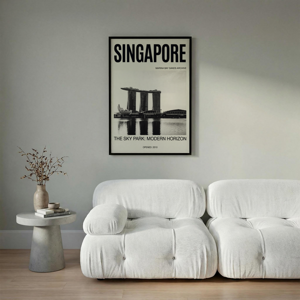 Illustrating black and white Singapore skyline wall art print with Marina Bay Sands and modern waterfront buildings