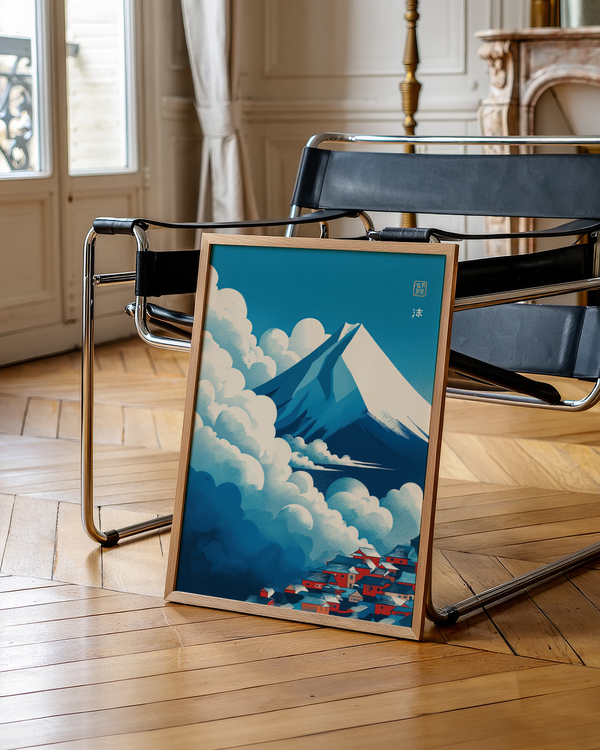 Snowcapped peak with billowing cloud banks poster print