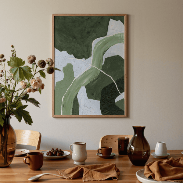 Abstract Green Art Print in vivid green, blue, and white, suitable for nursery wall