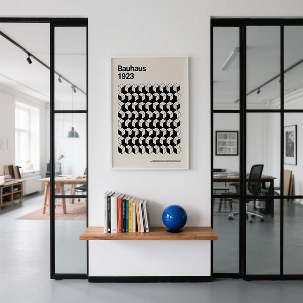 Close-up of geometric forms in the Bauhaus Design Poster with shadowed cubes.