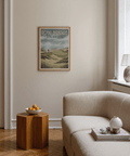Showcasing golf wall art print with arched Royal Birkdale title text above layered hills and clouds