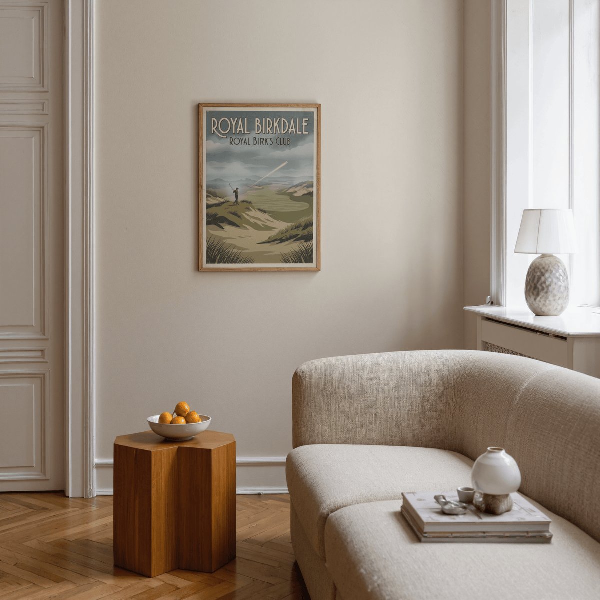 Showcasing golf wall art print with arched Royal Birkdale title text above layered hills and clouds