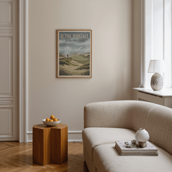 Showcasing golf wall art print with arched Royal Birkdale title text above layered hills and clouds