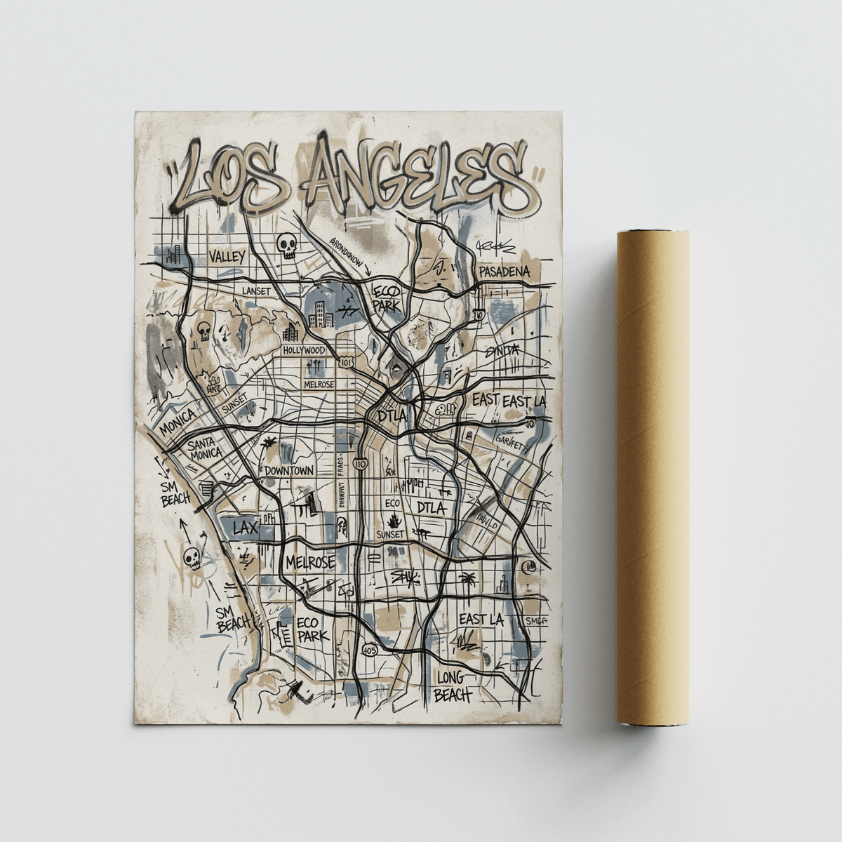 Wide scene of city wall poster with graffiti-style title header