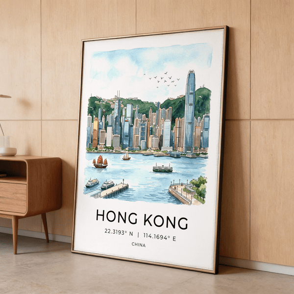 Minimal travel-style city skyline wall art print labeled Hong Kong with waterfront piers