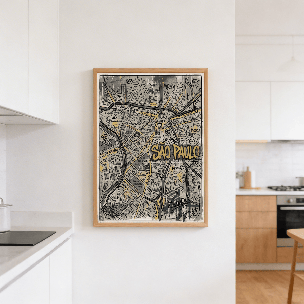 Neighborhood label close-up on Sao Paulo map poster with sketched streets and arrows