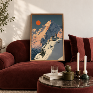 Illustrating a large peak and circular sun symbol, graphic mountain print wall art
