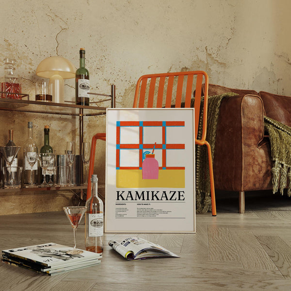 Modern grid-style background in Kamikaze wall art drink design

