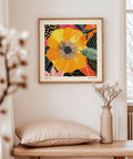 Vibrant floral wall art featuring bold yellow tones.