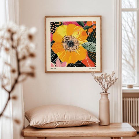 Vibrant floral wall art featuring bold yellow tones.