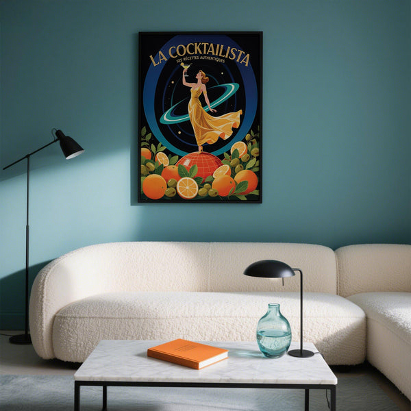 Abstract bar art showing a stylish woman on a red globe holding a cocktail.