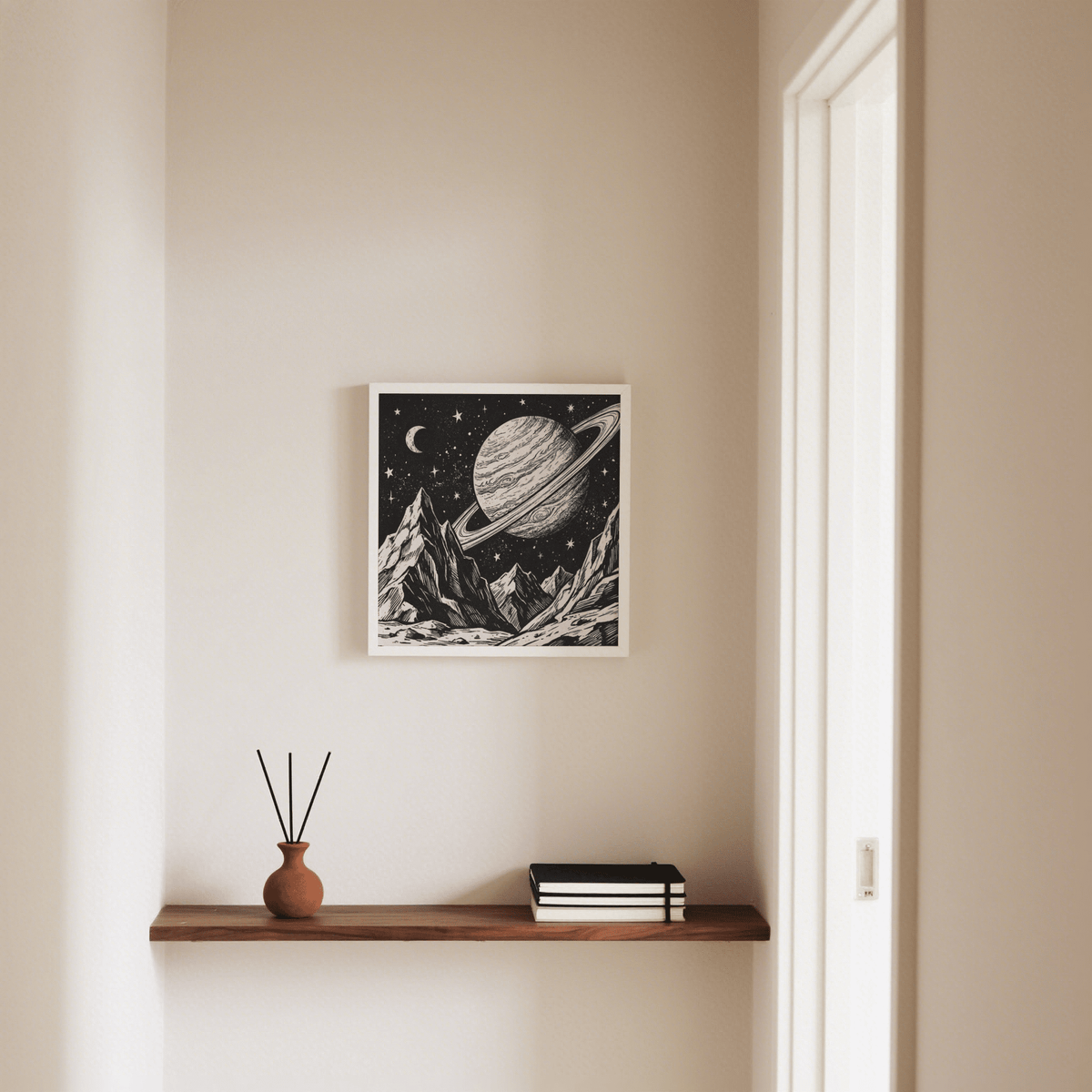 Mountain Space Poster artwork with space and mountains in Gray for study